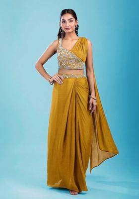 Mustard Yellow  Embroidered Handwork  Pre Draped Saree Set