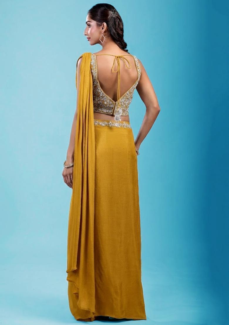 Mustard Yellow Embroidered Handwork Pre Draped Saree Set - Indya