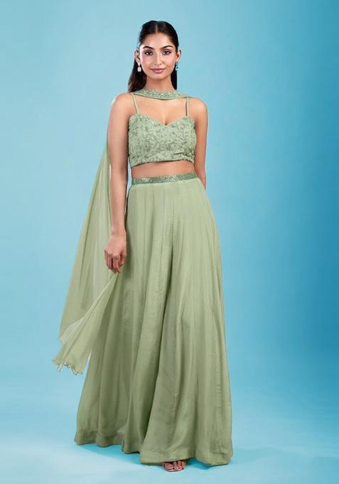 Light Green Embroidered Handwork  Lehenga Set
