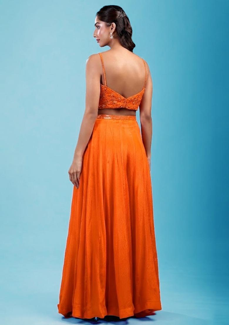 Orange Embroidered Handwork Lehenga Set - Indya