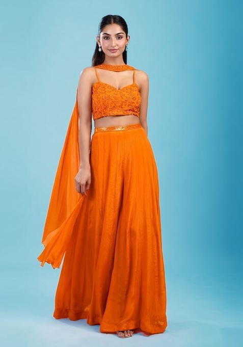 Orange Embroidered Handwork  Lehenga Set