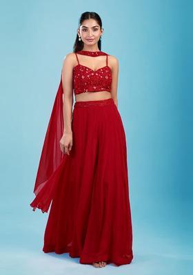 Red Embroidered Handwork  Lehenga Set