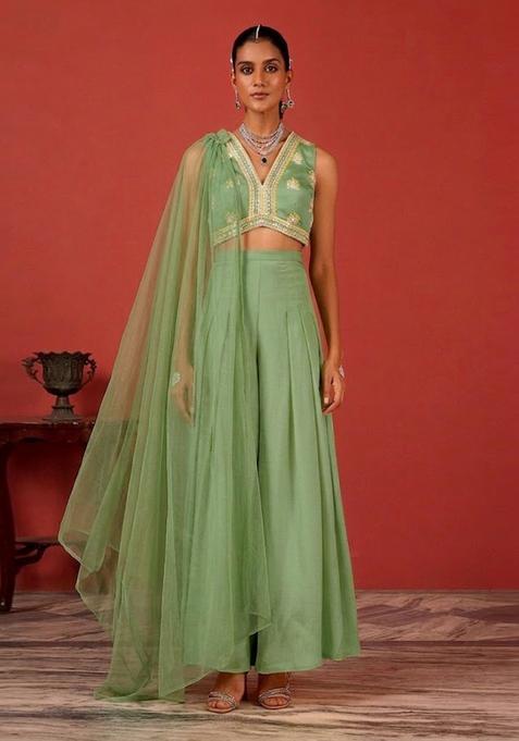 Pastel Green Embroidered Handwork  Fusion Set