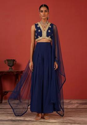 Navy Blue Embroidered Handwork  Fusion Set