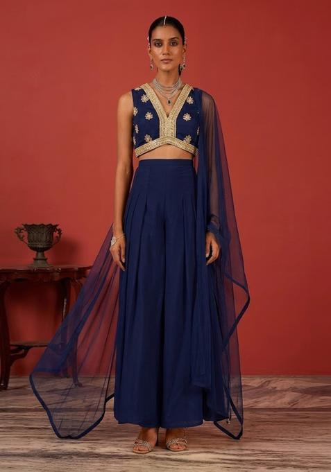 Navy Blue Embroidered Handwork  Fusion Set