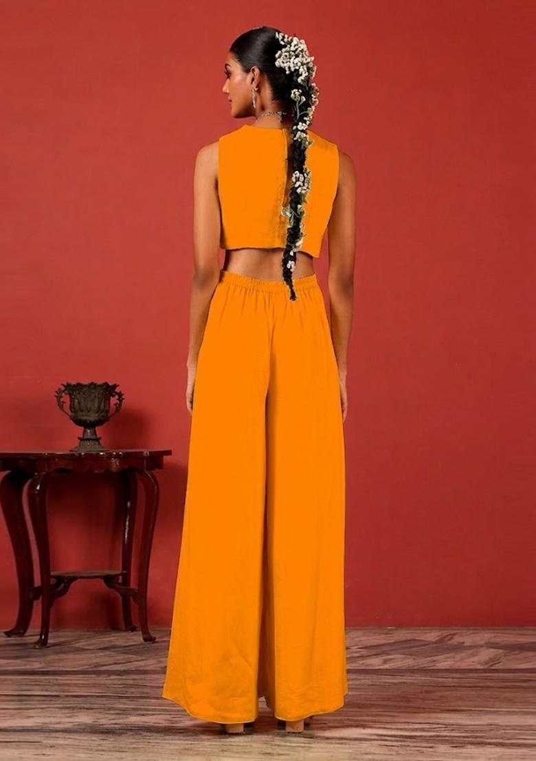 Orange Embroidered Handwork Fusion Set - Indya