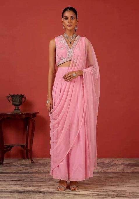 Rose Pink Embroidered Handwork  Fusion Set
