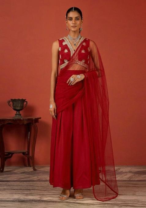 Maroon Embroidered Handwork  Fusion Set