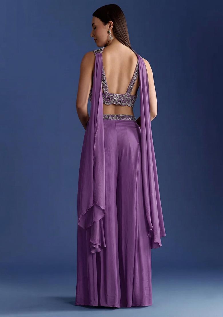 Mauve Purple Embroidered Handwork Fusion Set - Indya