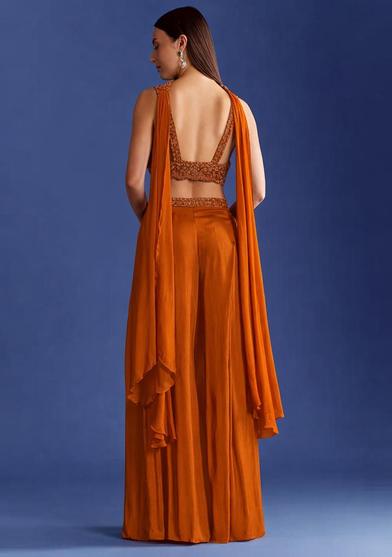 Orange Embroidered Handwork Fusion Set - Indya