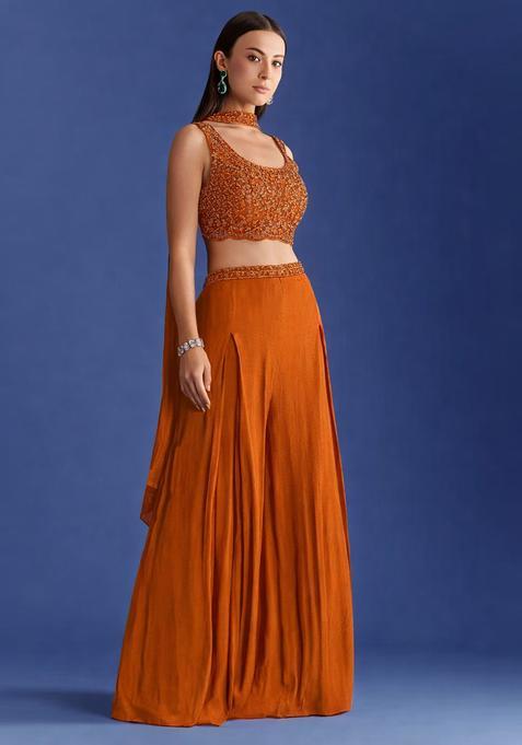 Orange Embroidered Handwork  Fusion Set