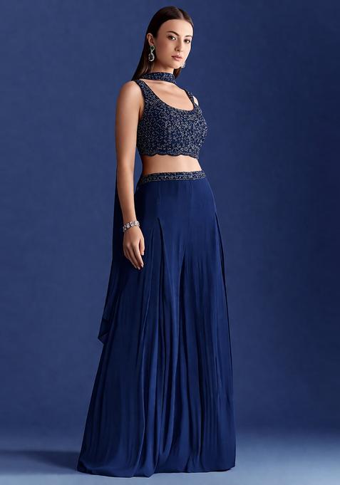 Navy Blue Embroidered Handwork  Fusion Set