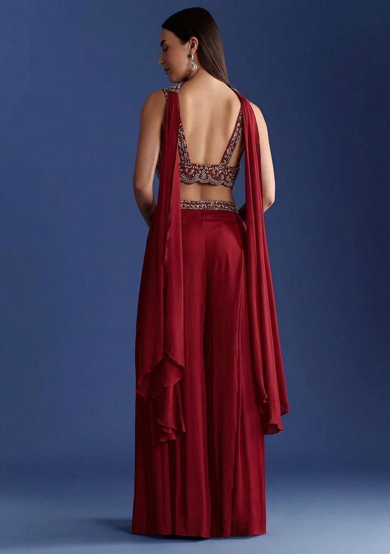 Maroon Embroidered Handwork Fusion Set - Indya
