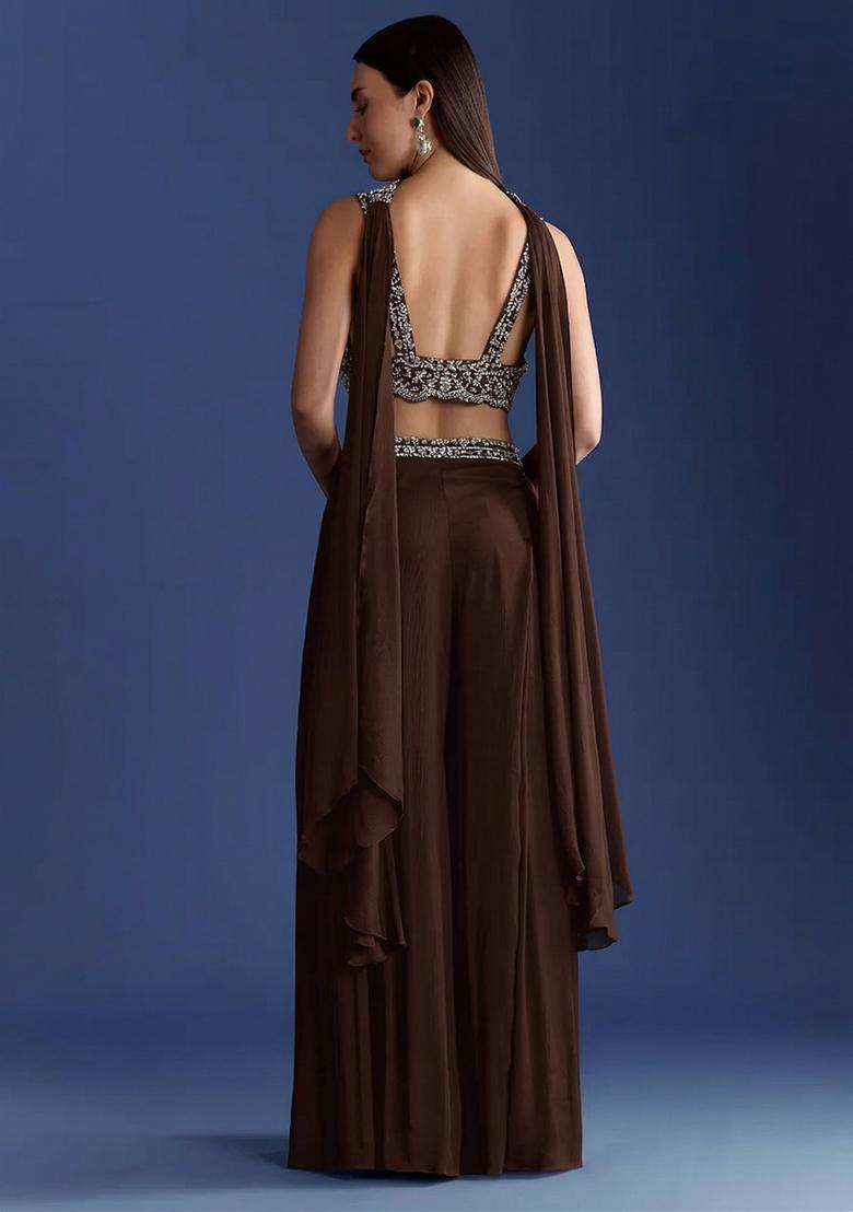Dark Brown Embroidered Handwork Fusion Set - Indya