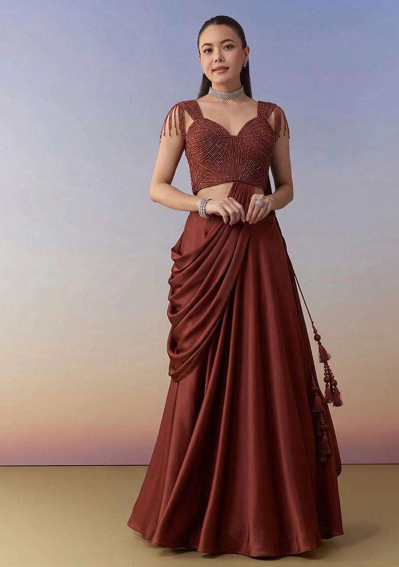 Wine Red Embroidered Handwork Lehenga Set - Indya