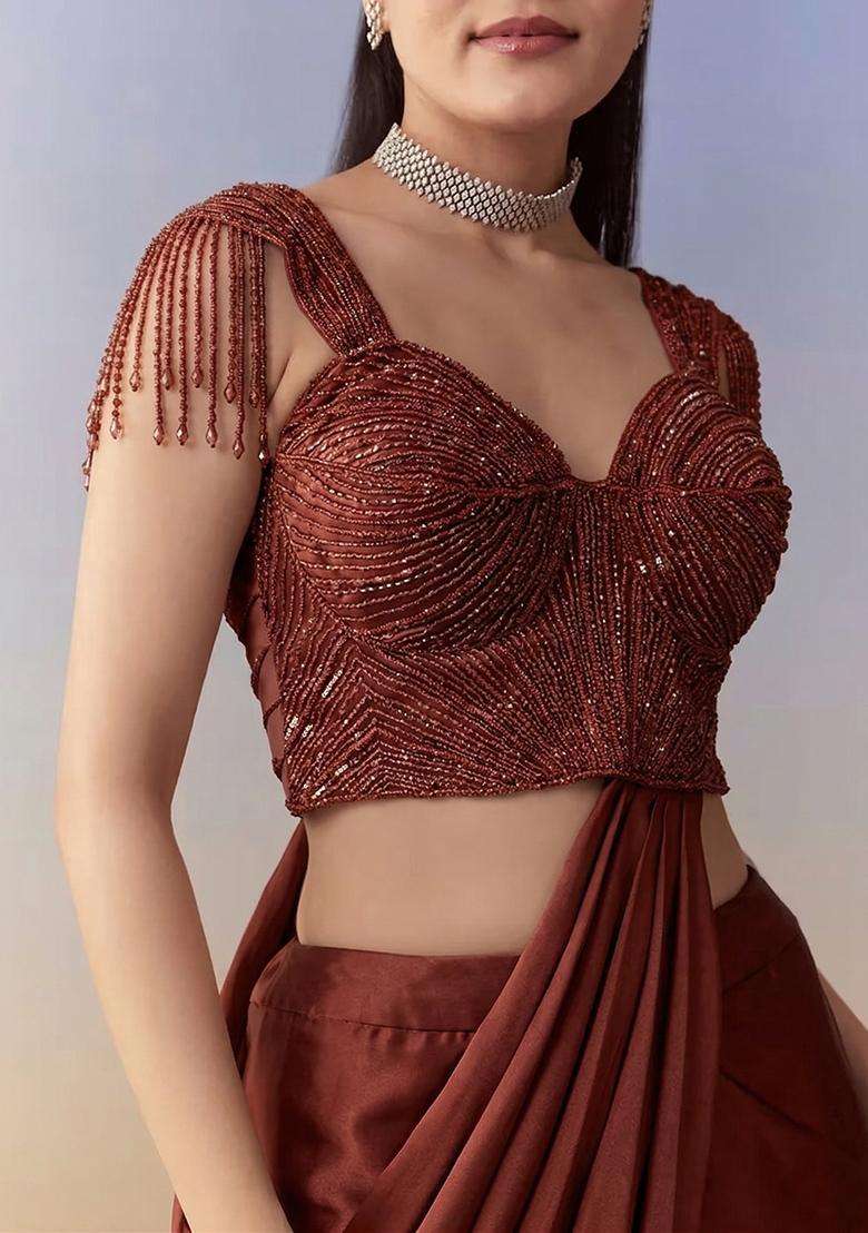 Wine Red Embroidered Handwork Lehenga Set - Indya