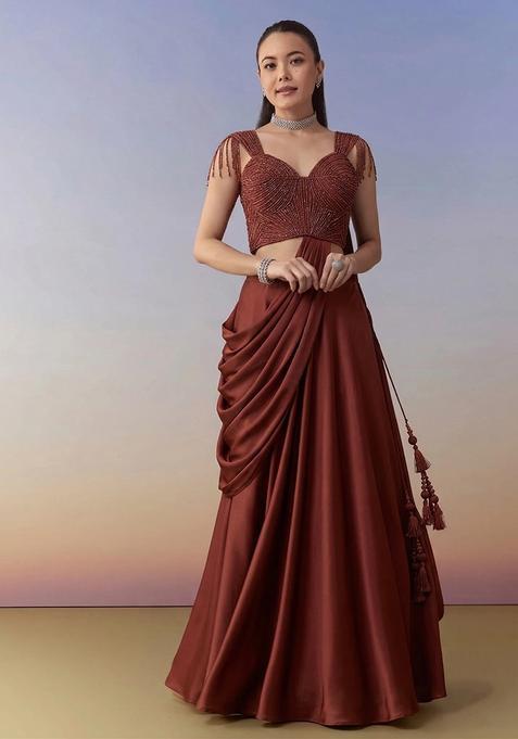 Wine Red Embroidered Handwork  Lehenga Set