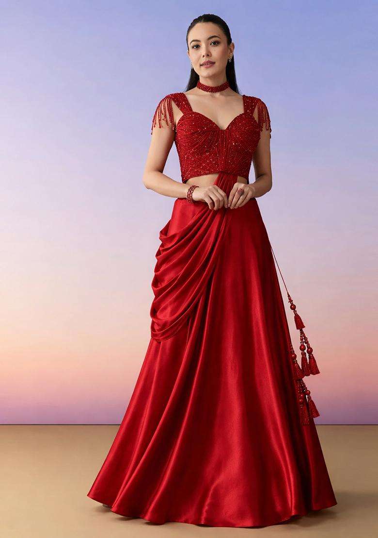 Red Embroidered Handwork Lehenga Set - Indya
