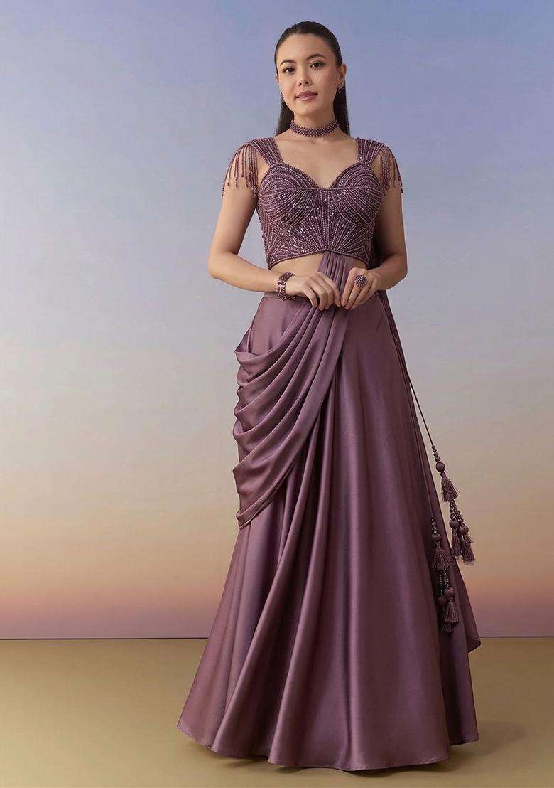 Lavendar Embroidered Handwork Lehenga Set - Indya