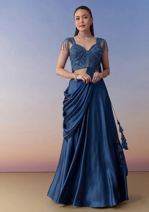 Navy Blue Embroidered Handwork Lehenga Set