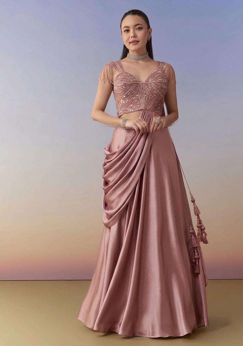 Dusty Rose Embroidered Handwork Lehenga Set - Indya