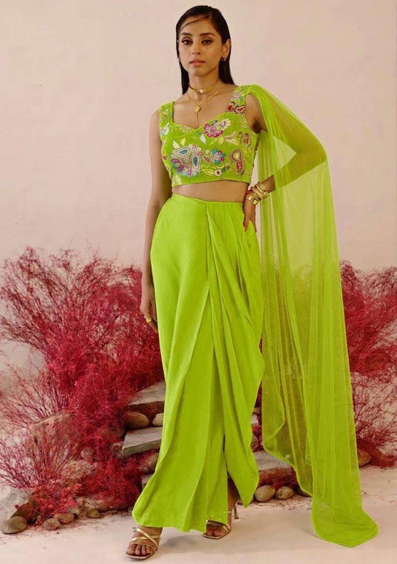 Lime Green Crepe Fusion Set with Printed for Diwali | Wedding & Festive Wear - Indya