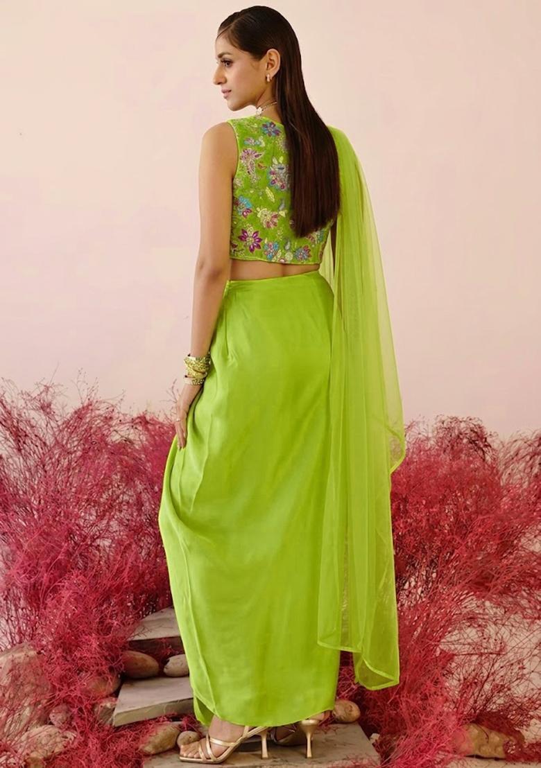 Lime Green Printed Crepe Fusion Set - Indya