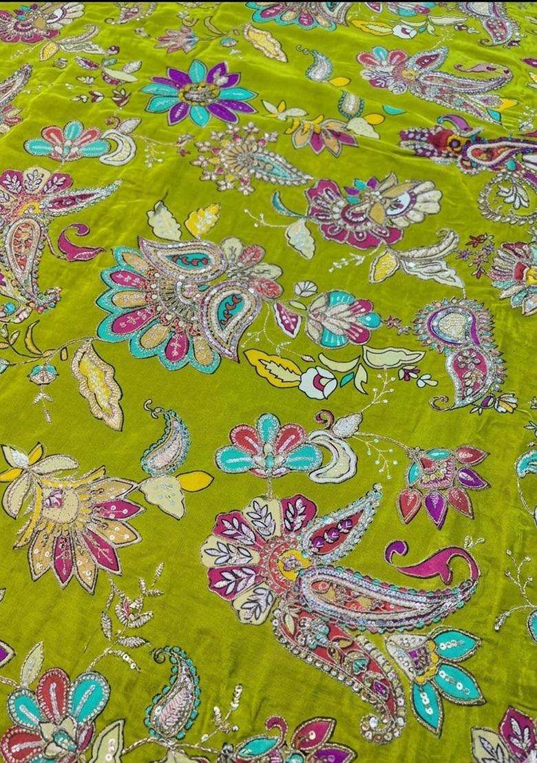 Lime Green Crepe Fusion Set with Printed for Diwali | Wedding & Festive Wear - Indya