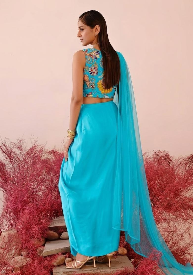Blue Printed Crepe Fusion Set - Indya