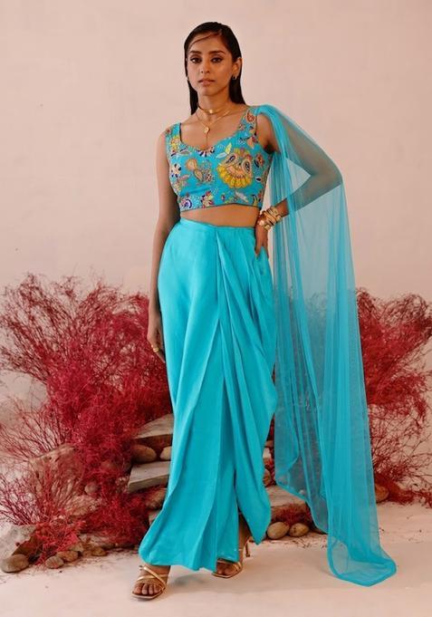 Blue Printed Crepe Fusion Set