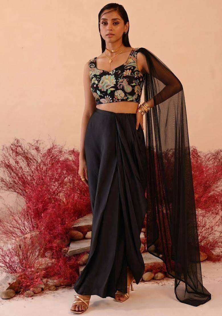 Black Printed Crepe Fusion Set for Diwali and Festive Wear - Indya