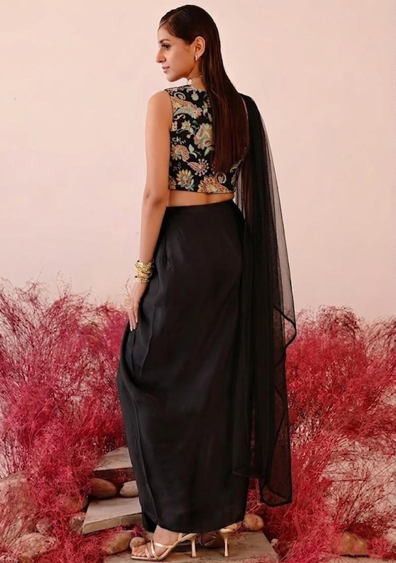 Black Printed Crepe Fusion Set - Indya
