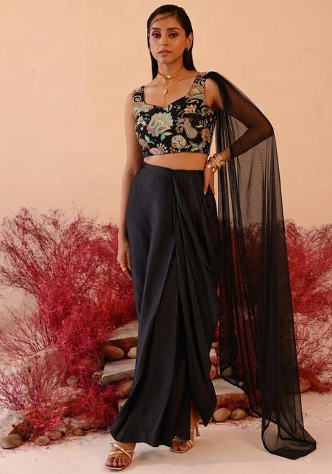 Black Printed Crepe Fusion Set