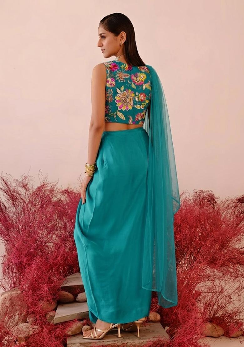 Blue Printed Crepe Fusion Set - Indya