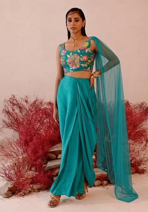 Blue Printed Crepe Fusion Set