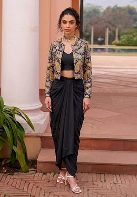 Jet Black Printed Crepe Fusion Set