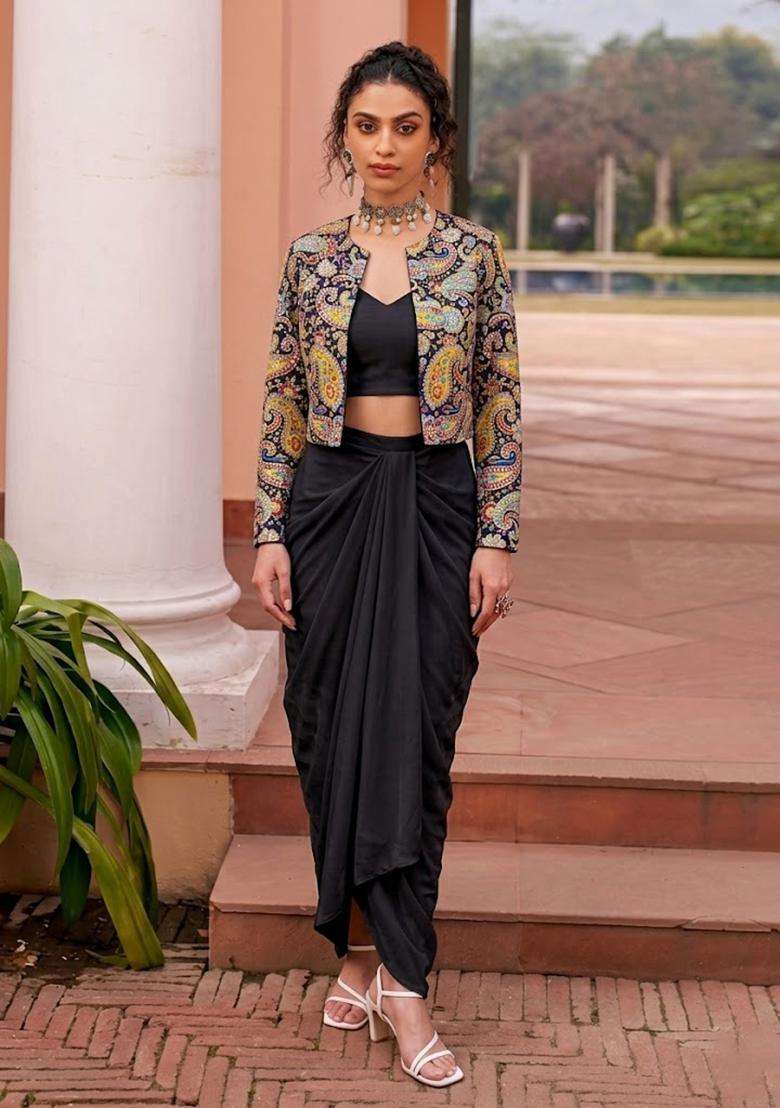 Jet Black Printed Crepe Fusion Set - Indya