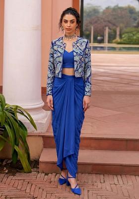 Blue Printed Crepe Fusion Set