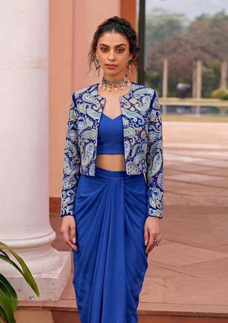 Blue Printed Crepe Fusion Set - Indya