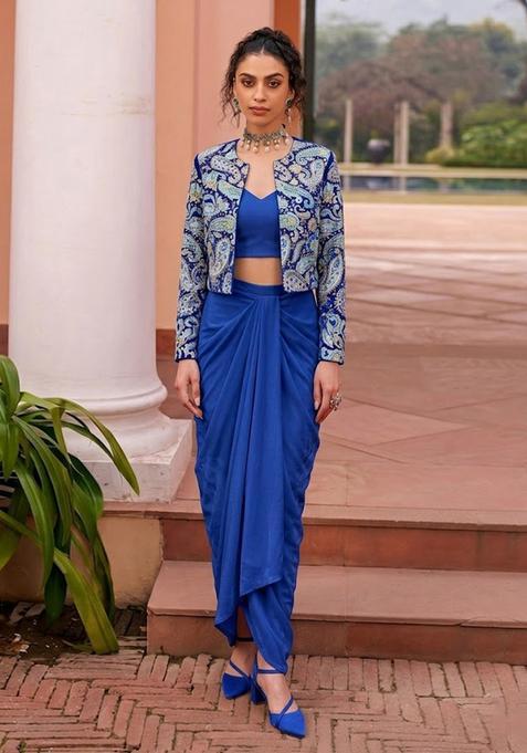 Blue Printed Crepe Fusion Set