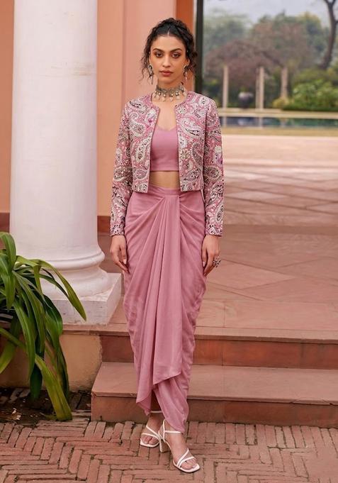 Mauve Printed Crepe Fusion Set