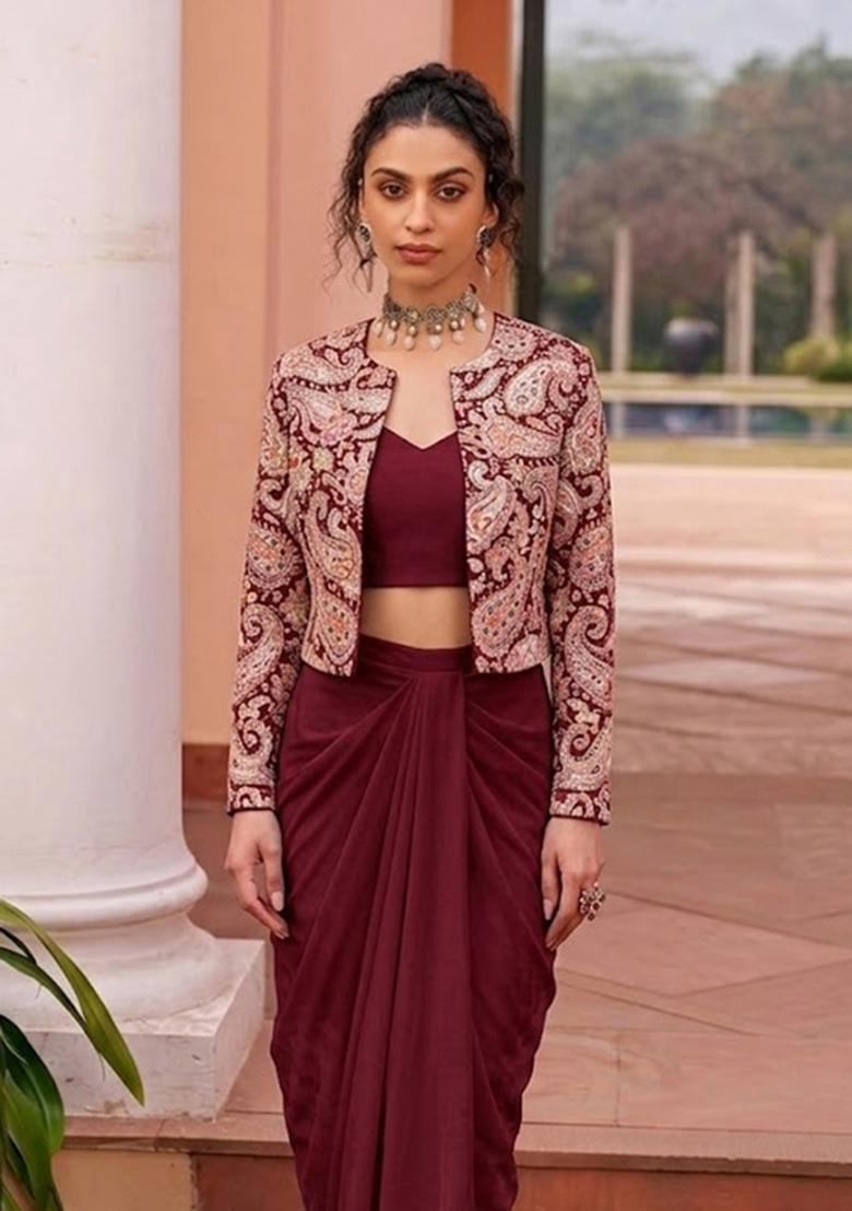 Red Printed Crepe Fusion Set - Indya