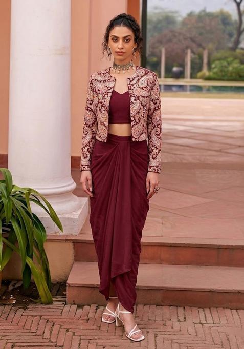 Red Printed Crepe Fusion Set