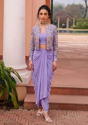 Purple Printed Crepe Fusion Set