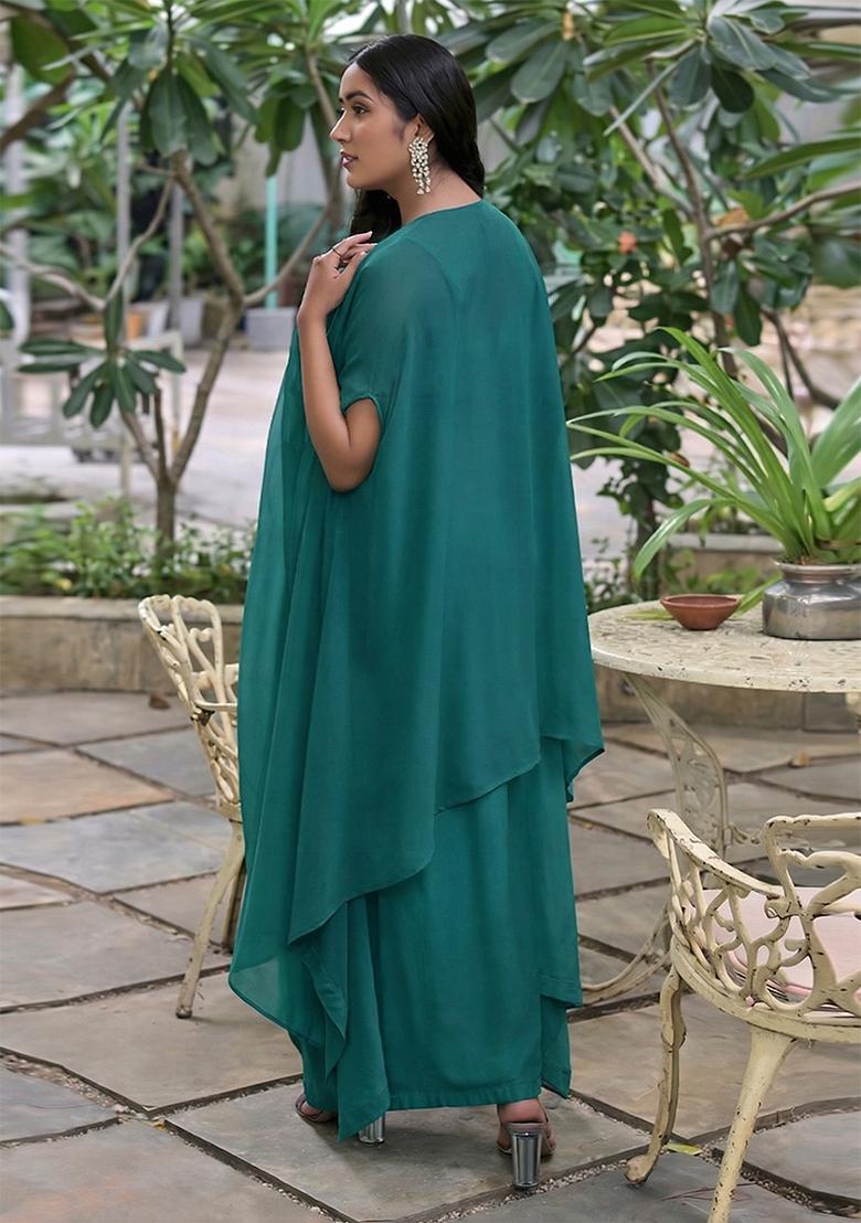 Blue Embroidered Handwork Fusion Set - Indya