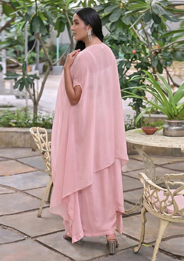 Pink Embroidered Handwork Fusion Set - Indya