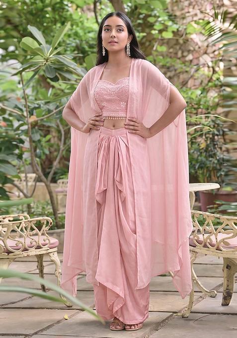 Pink Embroidered Handwork Fusion Set