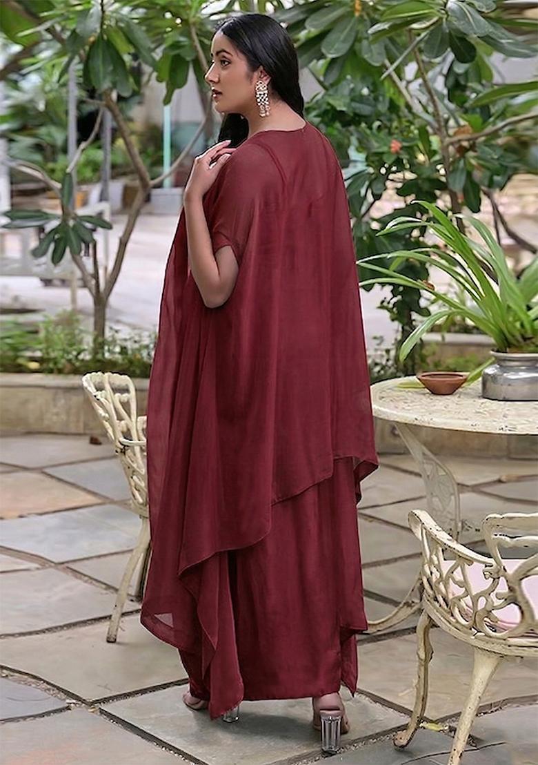 Red Embroidered Handwork Fusion Set - Indya