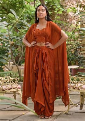Rust Embroidered Handwork Fusion Set