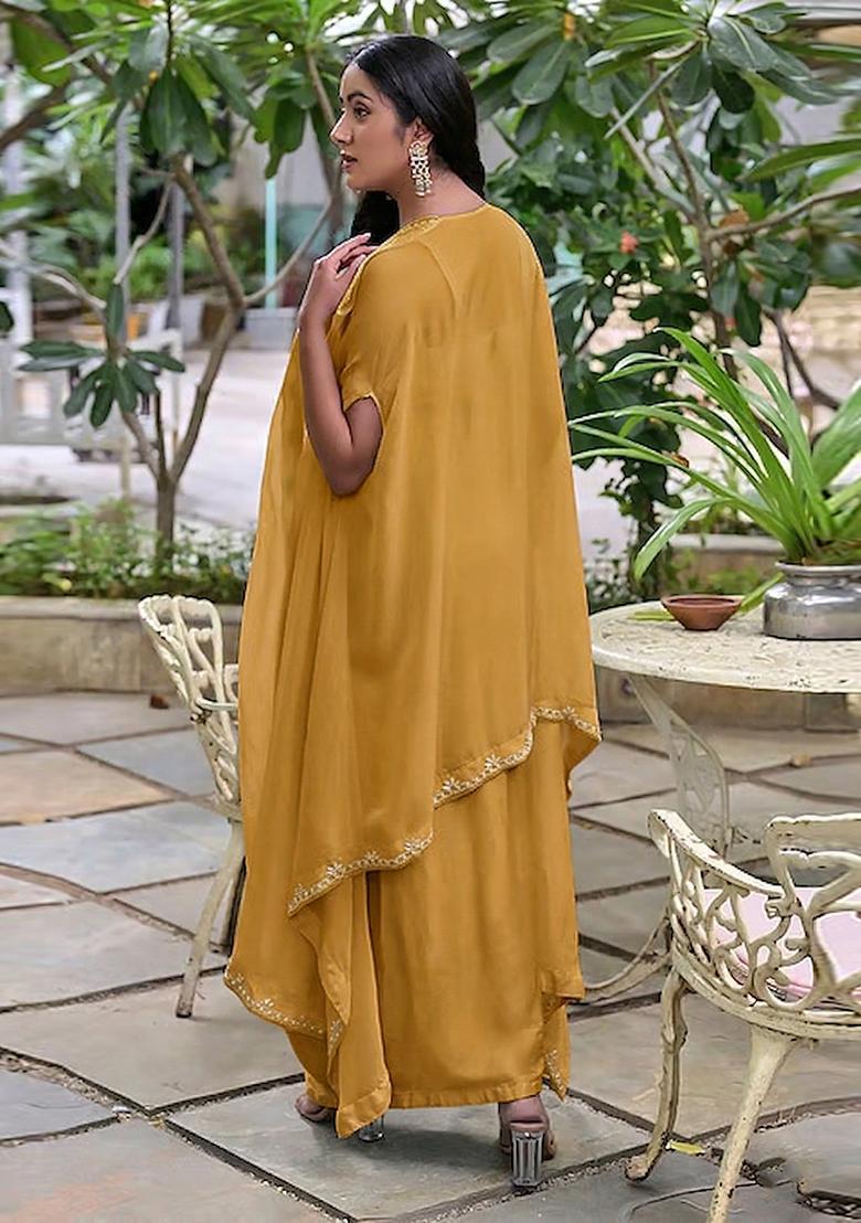 Yellow Embroidered Handwork Fusion Set - Indya